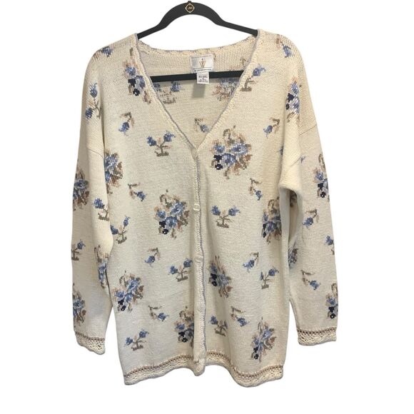 Vintage Weathervane Womens Handknit Crochet Trim Button Up Cardigan M Floral - Picture 1 of 8